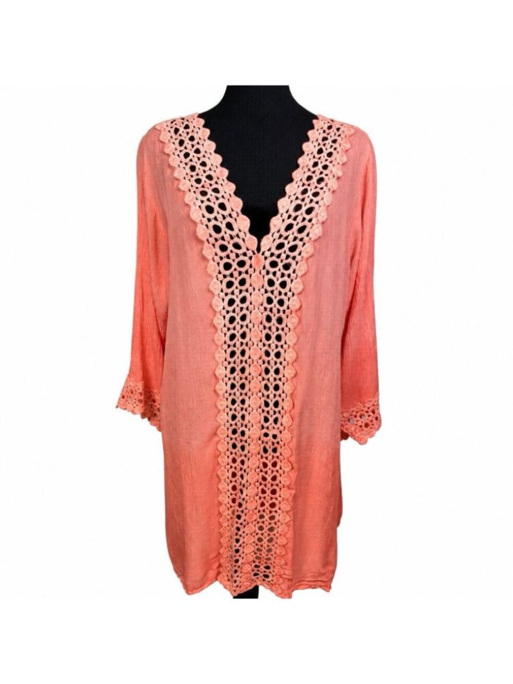 etc. by lazy daisy Ombre Swim Beach Cover-Up Crochet Front 3/4 Sleeve One Size